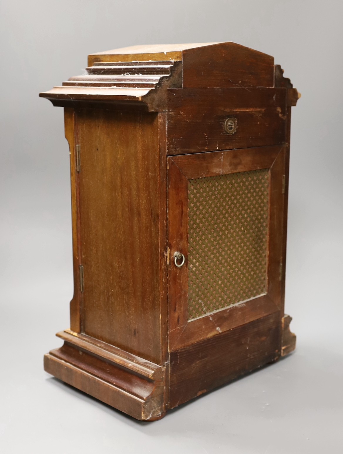 An early 20th century German inlaid mahogany striking and chiming eight day bracket clock, 42cm tall